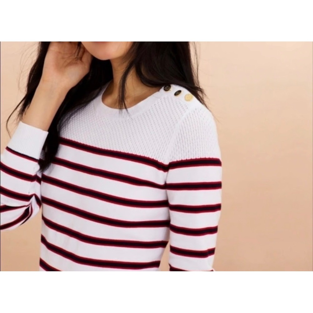 Brooks Brothers Red Wom Med Striped Sweater‎ Gold Button Shoulder White Navy Red